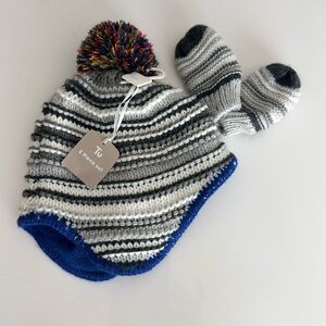 NWT Striped Kids Winter Hat and Mittens Set - Gray and Blue